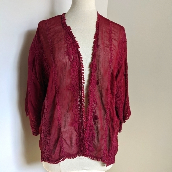 TAYLOR & Sage Sheer Lace Boho Cardigan Topper in Cranberry M - Picture 5 of 13